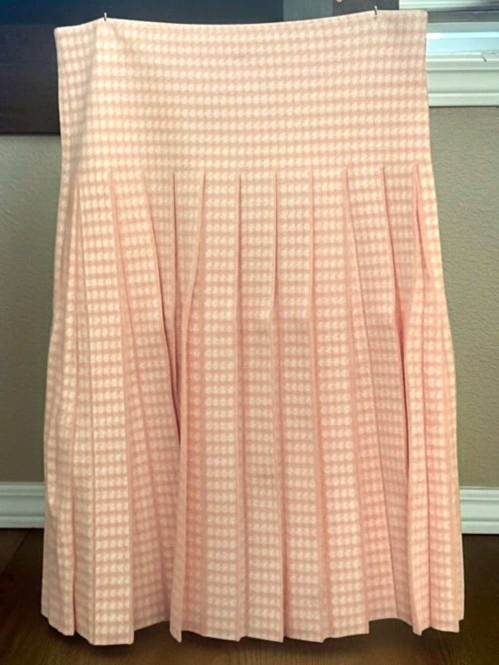 Aleeza Paris Plaid Pleated Midi Skirt Orange White Gingham Size L NWT